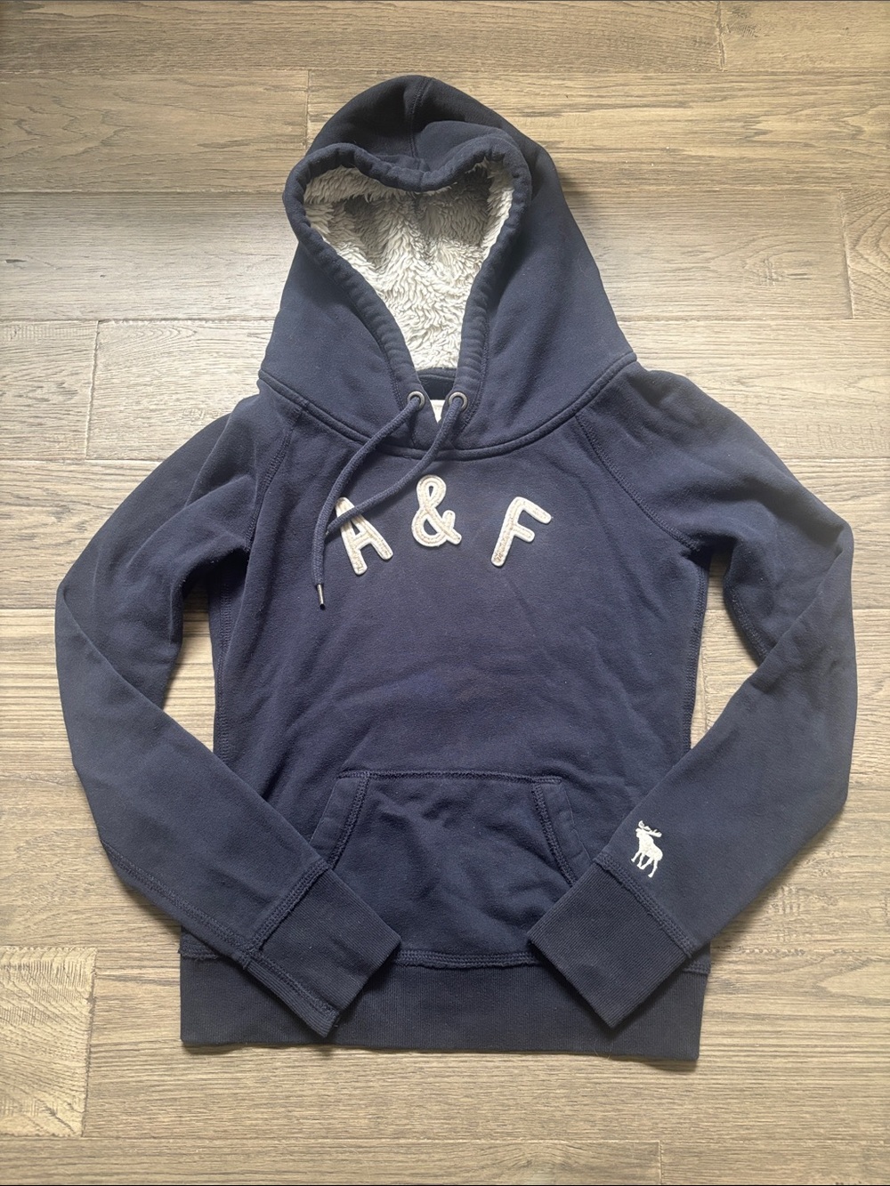 Abercrombie & Fitch |Vintage Y2K Navy Sherpa-Lined Hooded Pullover Moose Logo XS